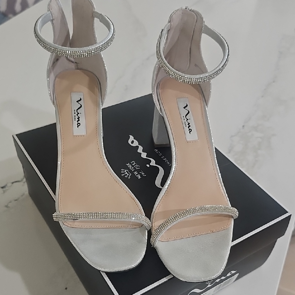 Nina Shimmering Silver Heels with Sparkling Straps
